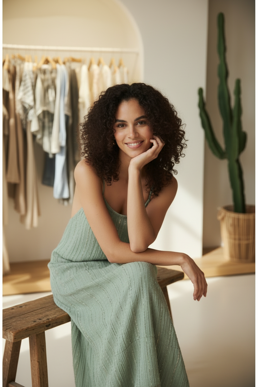 Model wearing Sage Green Boho Striped Maxi Dress - seated pose