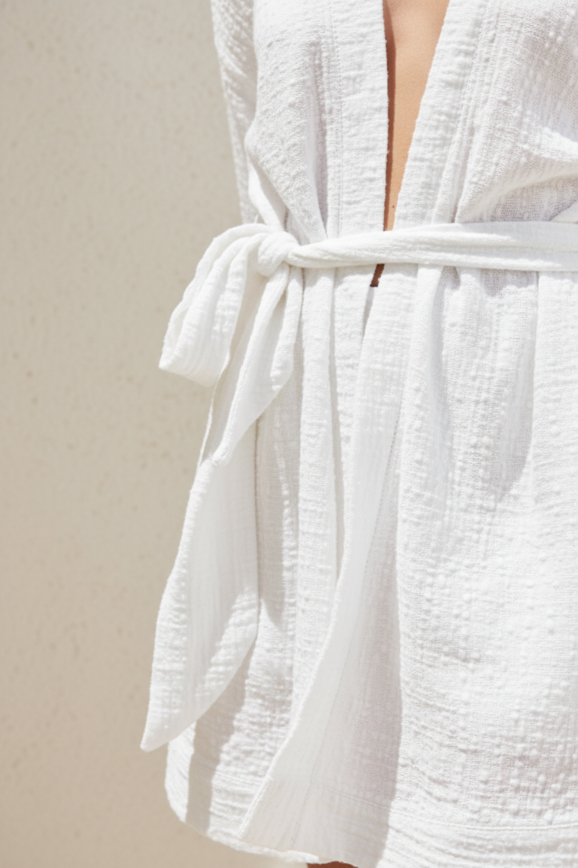 Luxury Lounge Robe Dress in Soft Coconut White - Fabric Detail