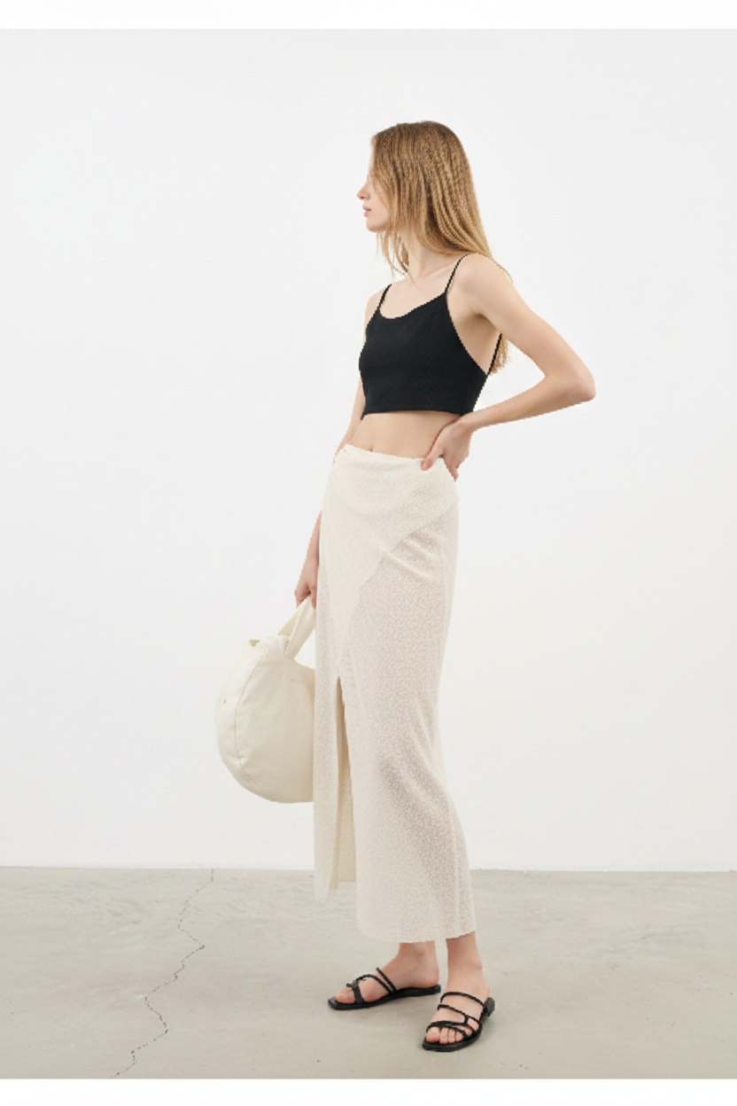 Luxury Beach Wrap Skirt Set in Oatmeal Cream - Angled Editorial Pose