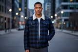 Luxury Plaid Sherpa-Collar Trucker Jacket - Midnight Navy Plaid - Lifestyle