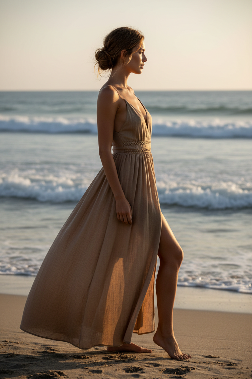 Luxury Resort Lounge Maxi Dress in Dusty Olive Nude - Side Standing