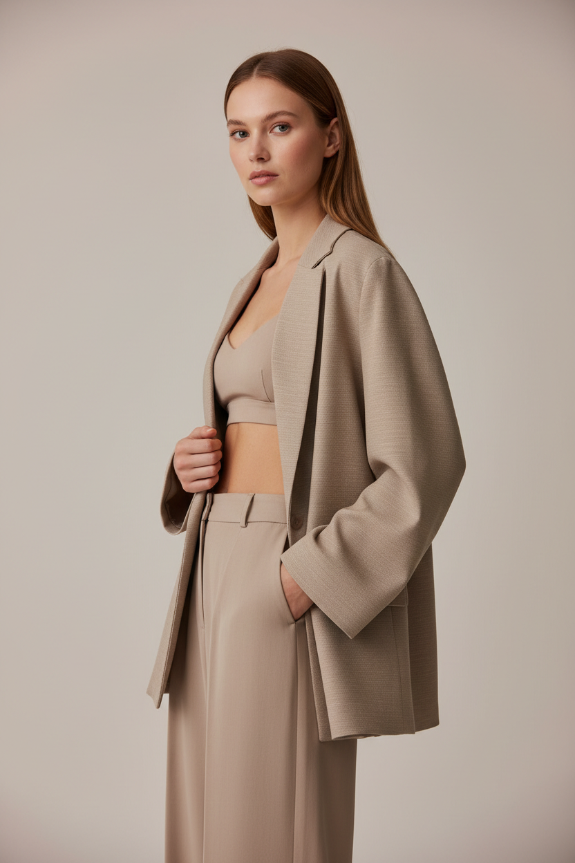 Luxury Oversized Textured Jacket Set in Stone Taupe - Three Quarter Pose