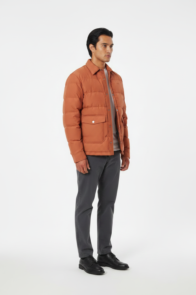 Luxury Quilted Puffer Jacket - Burnt Clay Orange - Side Angle
