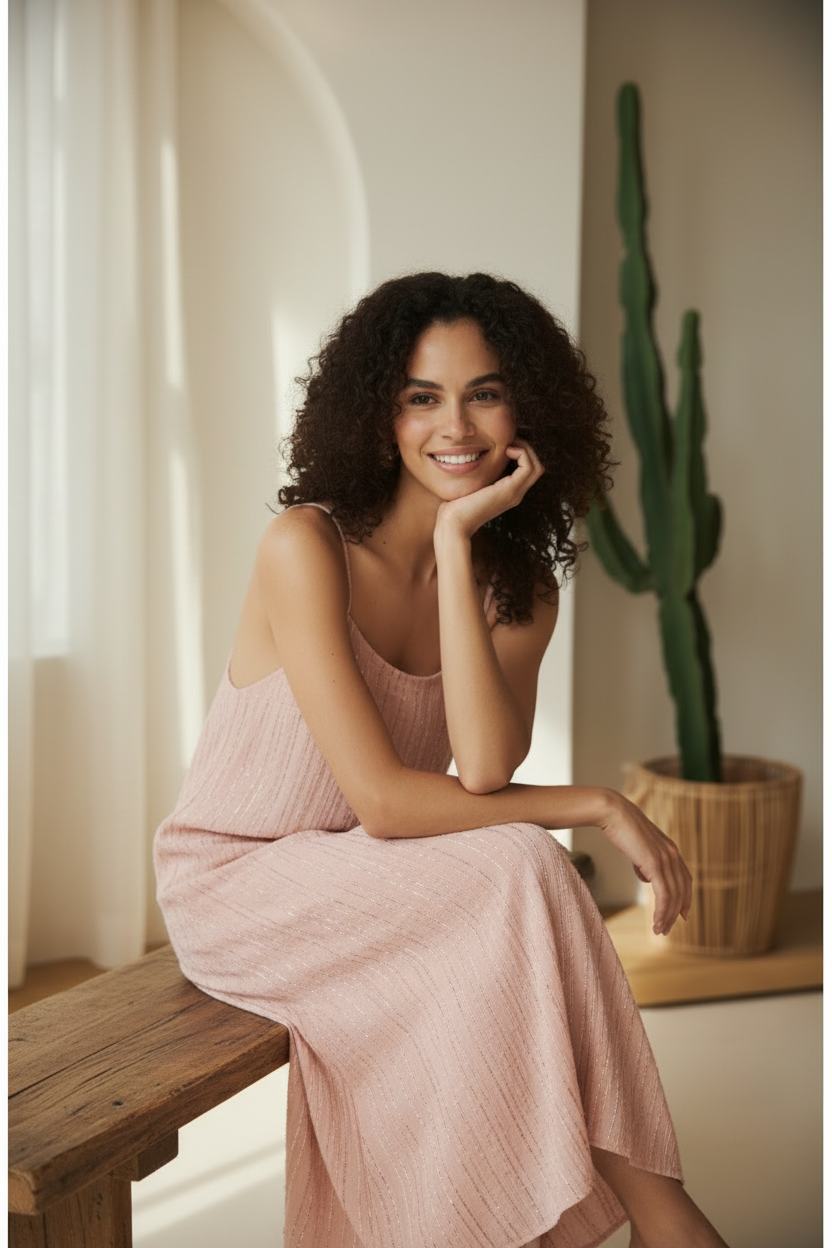 Model wearing Dusty Rose Boho Striped Maxi Dress - seated pose
