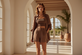 Luxury Smocked Camisole & Summer Shirt Set in Soft Cocoa Taupe - Lifestyle