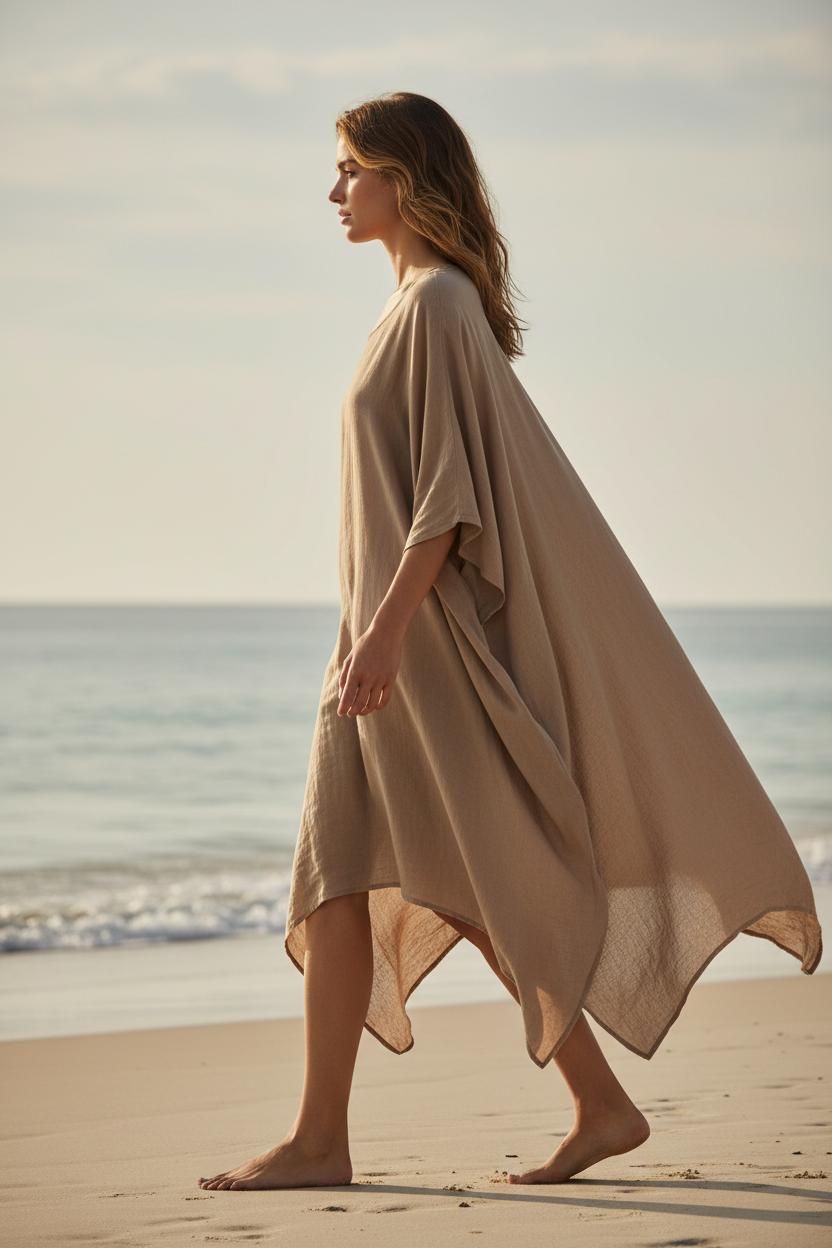 Luxury Resort Kaftan in Soft Sand Taupe - Side Walking Pose