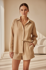 Luxury Striped Loungewear Short Set in Warm Sand Beige Stripe - Front View